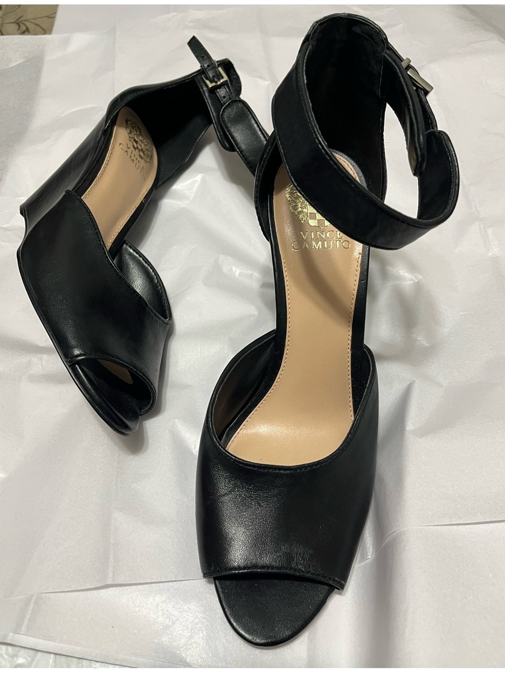 Vince Camuto Marnie Sz 11/41 Black Leather Peep-Toe Wedge Sandals w/Ankle Strap